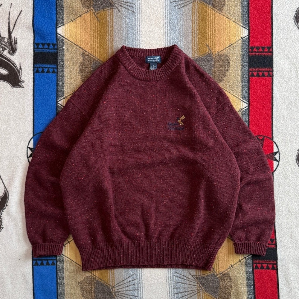 Ducks Unlimited Mens XL Burgundy Flecked Wool Blend Crewneck Sweater Mallard
